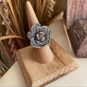 TK316 Stainless Steel Topaz Rhinestone Flower Ring Size 6